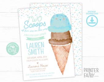 Ice Cream Twins Babies Shower Invitation, Two Scoops, Ice Cream Cone Watercolor Invitation, Boys Baby Shower, Blue Ice Cream Baby Shower