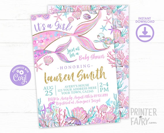 EDITABLE, Mermaid Baby Shower Invitation, Under the Sea Baby Shower, Girl Baby Shower, INSTANT DOWNLOAD Il_570xn