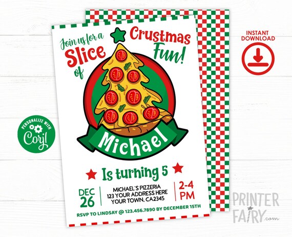 Christmas Pizza Party, EDITABLE Invitation, Christmas Birthday Invitation, Christmas Invite, INSTANT DOWNLOAD Il_570xn