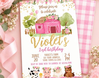 May include: A birthday invitation card featuring a pink barn, green trees, and farm animals wearing floral crowns. The text reads: Please join us to celebrate Violet's 2nd birthday, June 20, Violet's Farm, 123 Your Address, Your Town, CA 2345, 2-4 PM, RSVP by June 10th to Lauren at 123.456.7890.