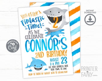 Shark Invitation, EDITABLE, Shark Birthday Invitation, Pool Party, Shark Invite, EDIT YOURSELF Digital Invitation, Instant Download