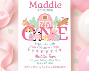 Op de afbeelding: Een verjaardagsuitnodigingskaart met de tekst Maddie IS TURNING ONE, September 4th from 2:00pm to 4:30pm, Maddie's Farm, 123 your Address Here Your Town, CA 2345, RSVP to Mom by April 1st at 123.456.7890 en boerderijdierillustraties.