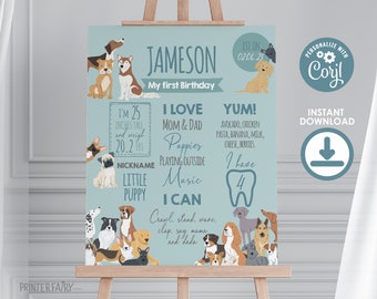 Puppy Adoption First Birthday Board, Pet Adoption Party, It's a Paw-ty! Dog Party Milestones Chart, Editable Puppy Dog Birthday, Lets Pawty!