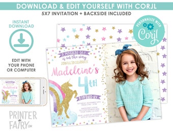 Unicorn Invitation with Picture, EDITABLE, Unicorn Birthday Party, Magical Invitation, EDIT YOURSELF Digital Invitation, Instant Download