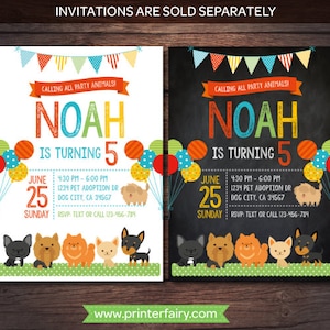 May include: A printable invitation for a 5th birthday party with a dog theme. The invitation features a chalkboard background with the name Noah and the text "Calling all party animals!" in colorful letters. The invitation also includes a date, time, and location for the party.