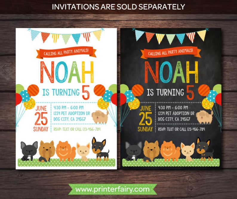 May include: A printable invitation for a 5th birthday party with a dog theme. The invitation features a chalkboard background with the name Noah and the text "Calling all party animals!" in colorful letters. The invitation also includes a date, time, and location for the party.
