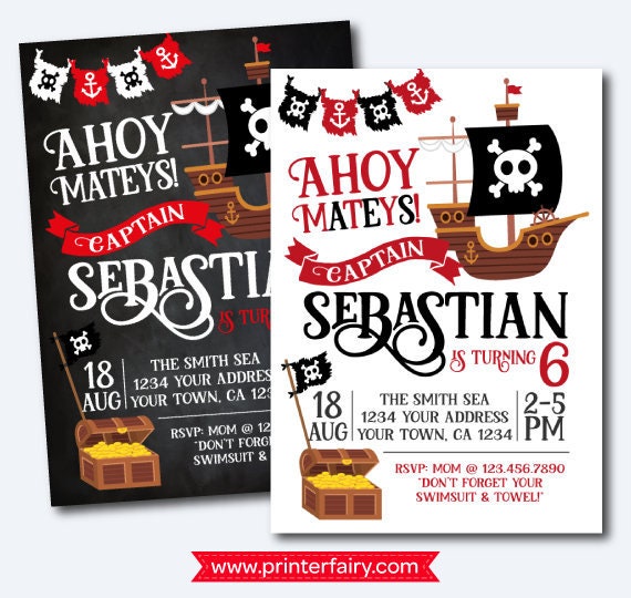 Pirate Invitation, Pirate Birthday Party, Pirate Ship Invitation, Ahoy Matey, Personalized Invitation, 2 options Il_570xn
