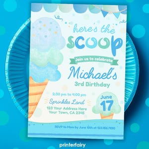 Ice Cream Birthday Party Invitation Editable Template, Ice Cream Party Digital Invite, Heres the Scoop, Modern Invitation Instant Download