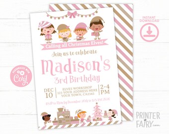 Christmas Birthday Invitation, Editable Invitation, Elf Birthday Invitation, Secret Santa Printable, Gift Exchange, INSTANT DOWNLOAD