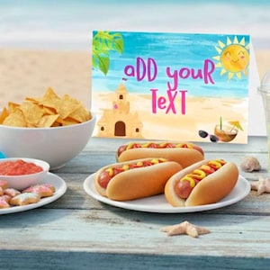 Beach Party Food Tents Editable Template, Sand Castle Foldable Place Cards, Instant Download