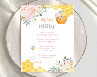 Editable Bee Birthday Party Menu, Honeycomb Design, Sweet as Can Bee Food Table Sign, Instant Download in Corjl