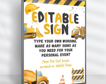 Construction Party Editable Sign: Dump Truck Birthday Party Decoration, Under Construction Sign, Instant Download Editable with Corjl