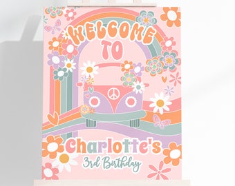 Editable Groovy Welcome Sign Groovy ONE Party TWO Groovy Sign Daisy Birthday Decorations Hippie Rainbow Party Digital Instant Download GR1