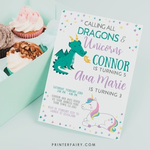 Unicorn and Dragon Invitation, EDITABLE Invitation, Dragon and Unicorn Invitation, Joint Birthday Party, EDIT YOURSELF with Corjl