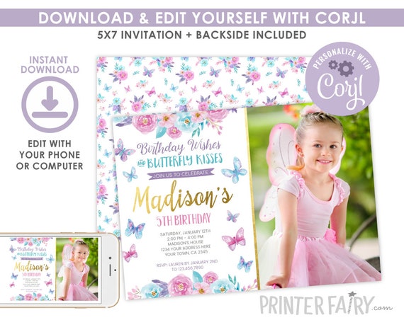 EDITABLE Butterfly Birthday Invitation with Photo, Spring Birthday Party, Garden Invitation, Floral Birthday, EDIT YOURSELF Digital Invite Il_570xn
