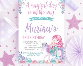 Unicorn Mermaid Birthday Invitation, Editable Floral Party (Instant Download)