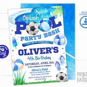 Soccer Party Invitation, Pool Birthday Party Invitation, Football Invite, Kids Soccer Invitation, Kids Pool Party, Summer, Digital Editable
