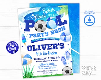 Soccer Party Invitation, Pool Birthday Party Invitation, Football Invite, Kids Soccer Invitation, Kids Pool Party, Summer, Digital Editable