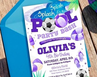 Soccer Pool Birthday Invitation, Editable Summer Party (Digital Download)
