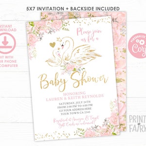 Swan Baby Shower Invitation, Swan Baby Shower Invite, Editable Invite, Baby Shower Invite, Floral Baby Shower, INSTANT DOWNLOAD image 1