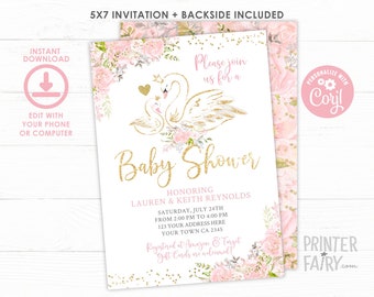 Swan Baby Shower Invitation, Swan Baby Shower Invite, Editable Invite, Baby Shower Invite, Floral Baby Shower, INSTANT DOWNLOAD