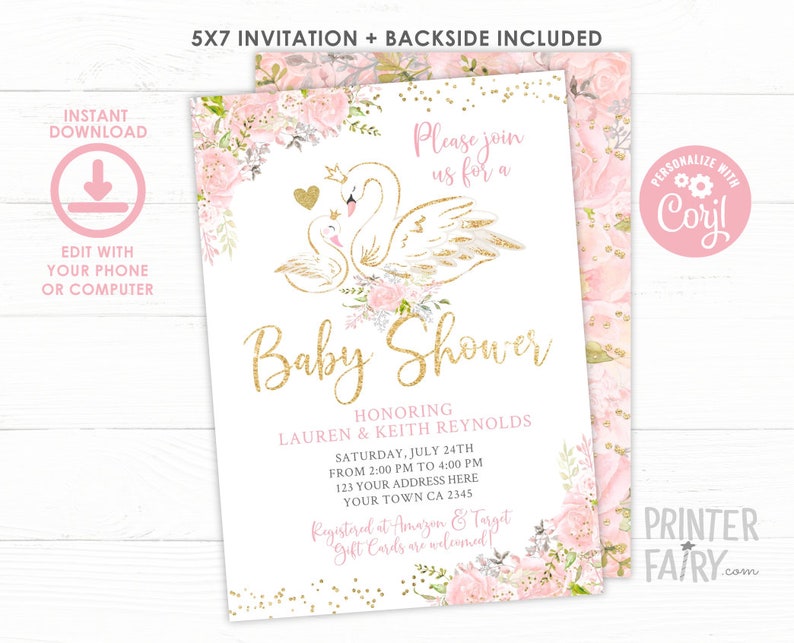 Swan Baby Shower Invitation, Swan Baby Shower Invite, Editable Invite, Baby Shower Invite, Floral Baby Shower, INSTANT DOWNLOAD image 1