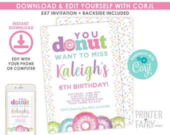 Donut Birthday Invitation, EDITABLE Invitation, Donut birthday Party, Any Age, Sprinkles Birthday Invitation, EDIT YOURSELF with Corjl