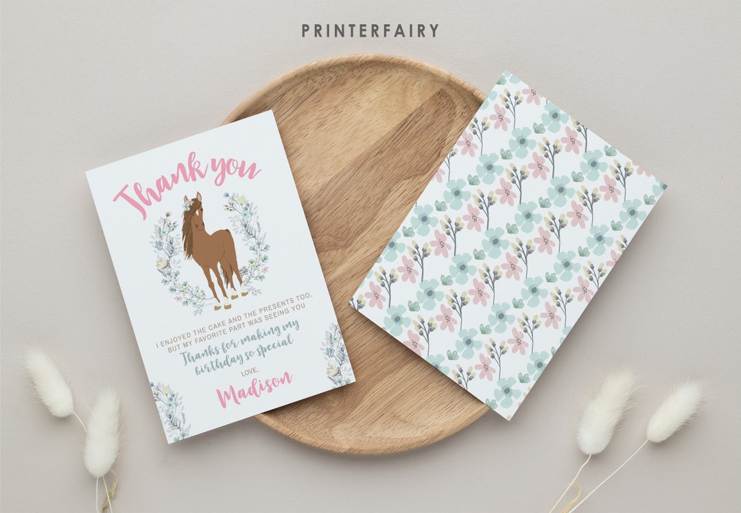 Floral Horse Birthday Thank You Card, EDITABLE, Pony Birthday, Cowgirl ...