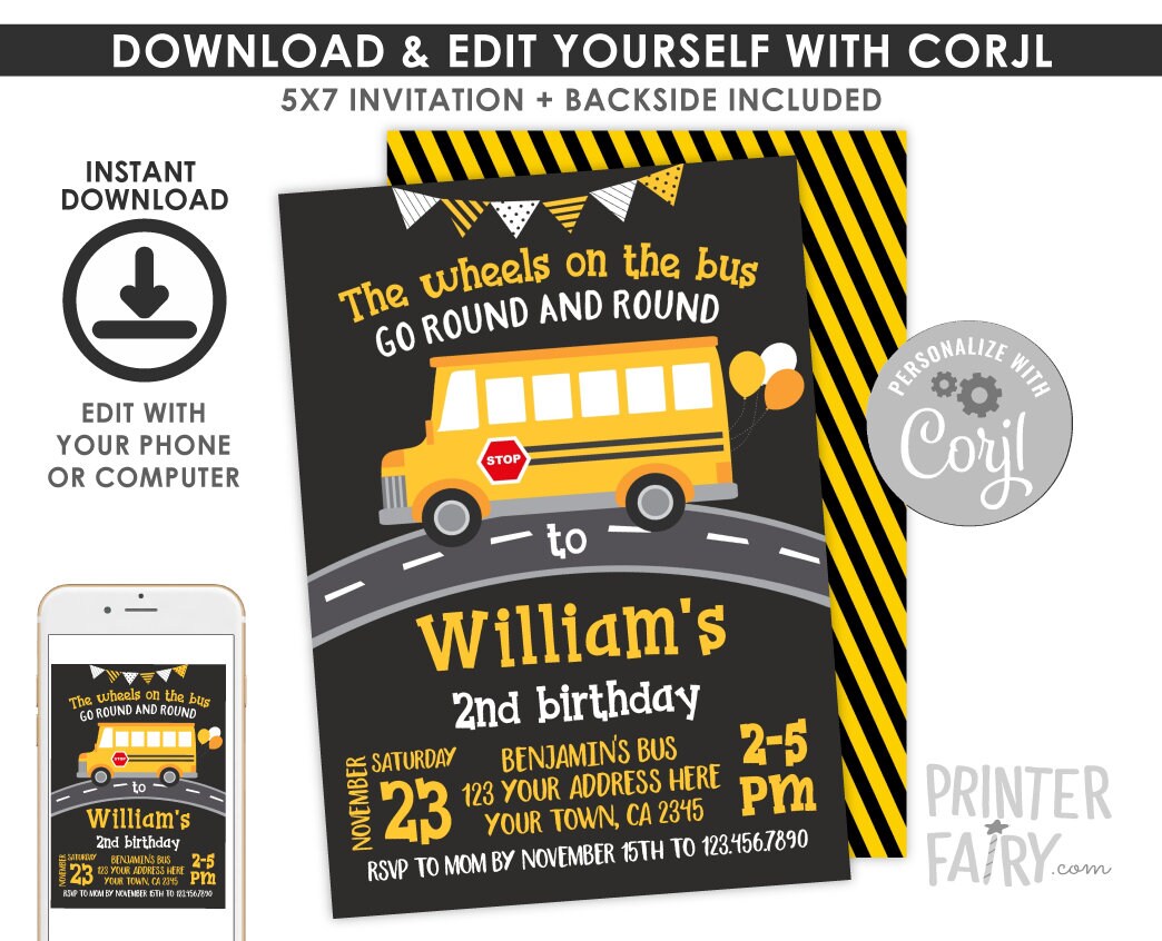 Wheels on the Bus Invitation EDITABLE School Bus Invitation Etsy