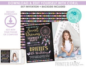 Dreamcatcher Slumber Party Invitation with photo, EDITABLE, Dreamcatcher Invitation, Sweet dreams, Pajama Party Invitation, INSTANT DOWNLOAD