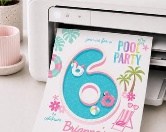 Pool Party Invitation for a 6th Birthday, Editable Template, Instant Download