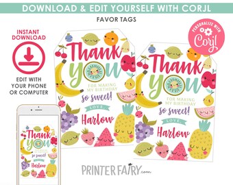 Fruit Favor Tags, Editable, TuttiFrutti Thank You Tags, Summer Birthday Party, Pineapple Birthday Decorations, Instant Download