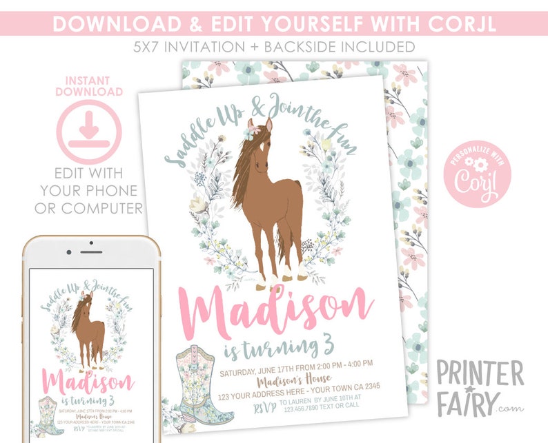 Horse Birthday Invitation, Cowgirl Invitation, Pony Party Invitation, Horse Invites, Floral Birthday Invitation, INSTANT DOWNLOAD image 6