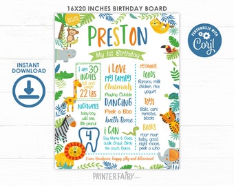 May include: A jungle-themed birthday board for a boy named Preston celebrating his first birthday. The board features a colorful jungle scene with animals, plants, and text that includes his age, height, weight, favorite foods, toys, and activities. The board is personalized with the name "Preston" and the text "My 1st Birthday".
