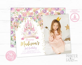 Princess Birthday Invitation with Photo, EDITABLE, Royal Birthday Invitation, Floral Invitation, EDIT YOURSELF Digital, Instant Download