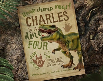 May include: A dinosaur-themed birthday party invitation for a boy turning four. The invitation features a green dinosaur with the text "stomp chomp roar! CHARLES is a dino FOUR" and details for the party, including the date, time, and location.