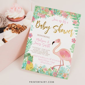 Invitación para baby shower con diseño de flamencos tropicales, editable (descarga digital)