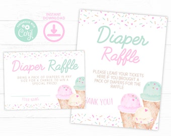 Ice Cream Baby Shower Diaper Raffle, Baby Sprinkle, Ice Cream Cone Watercolor Baby Shower, Girl Baby Sprinkle, Pink Ice Cream Baby Shower