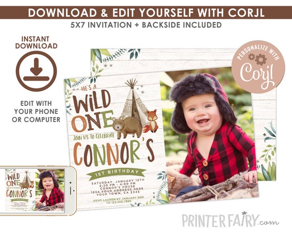 Wild One Invitation with Photo, EDITABLE, Tribal Woodland Birthday Invitation, Woodland First Birthday, Boho, DIGITAL, Instant Download Il_570xn