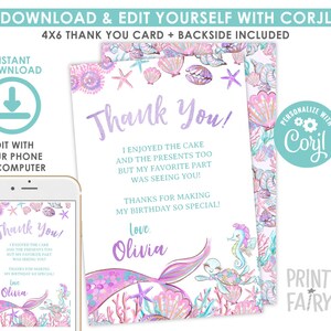 EDITABLE, Mermaid Thank You Cards, Under the Sea Birthday Party, Mermaid Birthday Party, Under the Sea Thank You Notes, INSTANT DOWNLOAD image 2