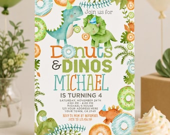 May include: A colorful birthday party invitation with the text "Donuts & Dinos" and "Michael is turning 4". The invitation features illustrations of donuts and dinosaurs in shades of blue, green, and orange.