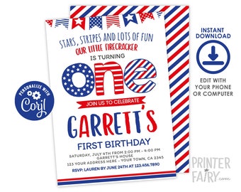 EDITABLE 4th of July Invitation, First Birthday Invitation, Indepence Day Invitation, 4th of July Party, EDIT YOURSELF Digital Invite