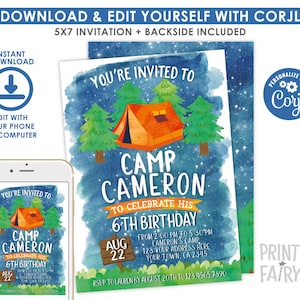 Op de afbeelding: Een blauwe en groene aquarel uitnodiging met een sterrenhemel als achtergrond. De uitnodiging bevat een cartoonillustratie van een tent en bomen. De tekst luidt: "Je bent uitgenodigd voor Camp Cameron om zijn 6e verjaardag te vieren. Aug 22 van 14:00 tot 17:30 uur. Camp Cameron 123 Je adres hier Je stad, CA 2345. RSVP aan Lauren v&oacute;&oacute;r 20 augustus naar 123.4565.7890."