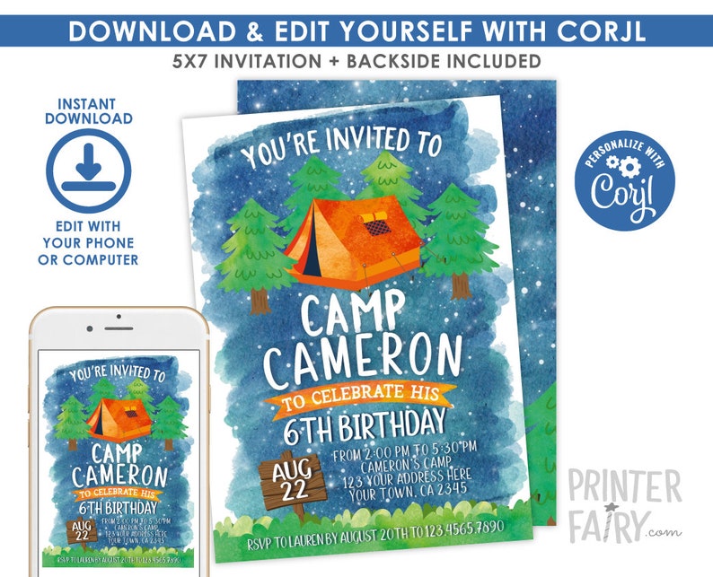 Op de afbeelding: Een blauwe en groene aquarel uitnodiging met een sterrenhemel als achtergrond. De uitnodiging bevat een cartoonillustratie van een tent en bomen. De tekst luidt: "Je bent uitgenodigd voor Camp Cameron om zijn 6e verjaardag te vieren. Aug 22 van 14:00 tot 17:30 uur. Camp Cameron 123 Je adres hier Je stad, CA 2345. RSVP aan Lauren v&oacute;&oacute;r 20 augustus naar 123.4565.7890."