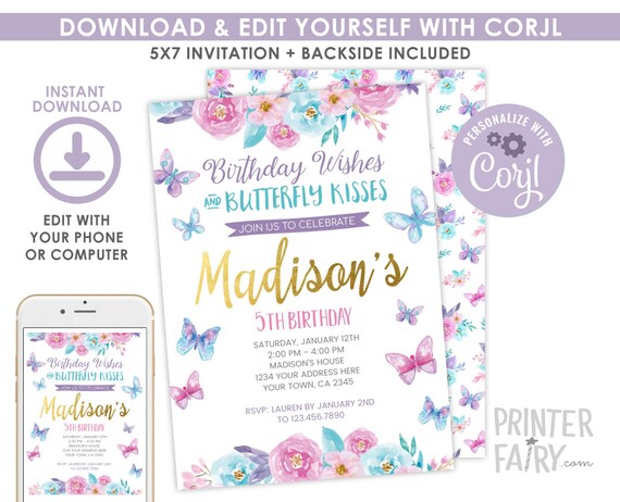 EDITABLE Butterfly Birthday Invitation, Spring Birthday Party, Garden Invitation, Floral Birthday Invite, EDIT YOURSELF Digital Invitation Il_570xn