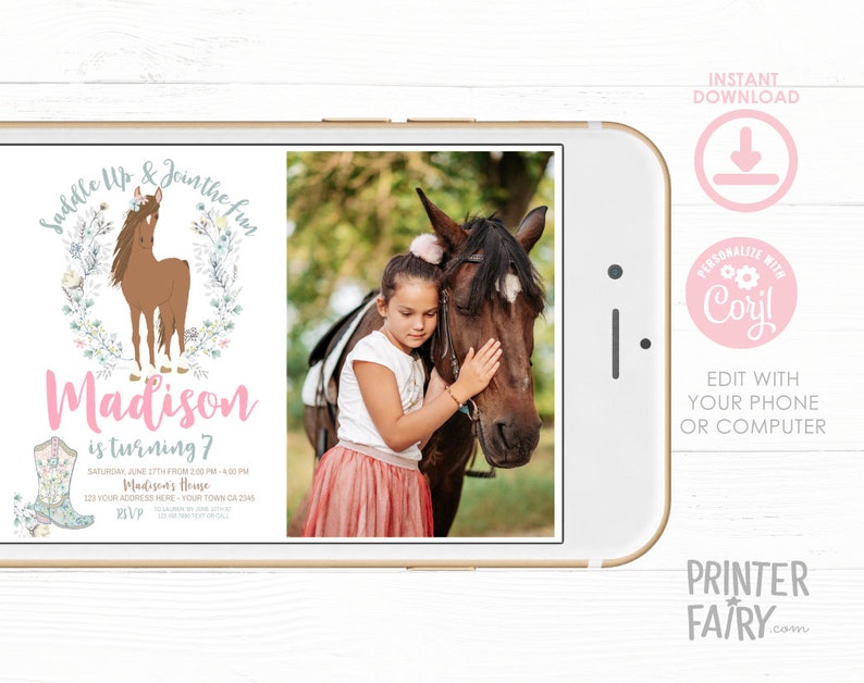 Horse Birthday Invitation with photo, Cowgirl Invitation, Pony Party Invitation, Horse Invites, Floral Birthday Invitation, INSTANT DOWNLOAD image 6