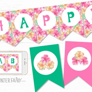 Luau Birthday Party Banner, Hawaiian Birthday Decorations, Tropical Birthday Banner, Luau Bunting Banner, Hawaiian Editable Flags, Template