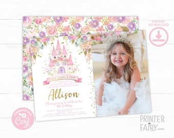 Princess Birthday Invitation with Photo, EDITABLE, Royal Birthday Invitation, Once Upon a Time, EDIT YOURSELF Digital, Instant Download