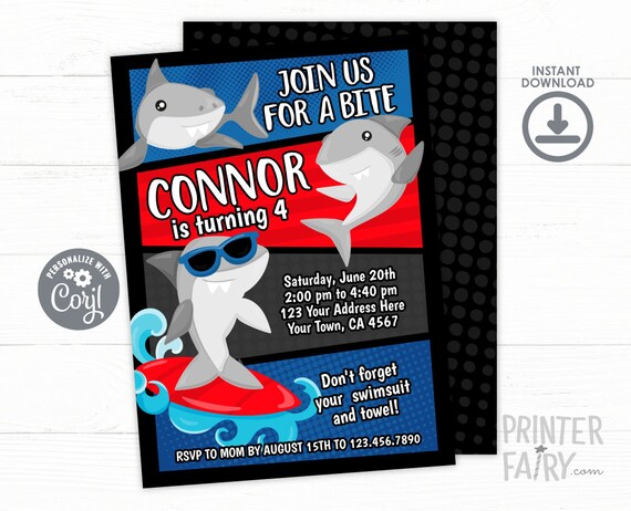Shark Invitation, EDITABLE Shark Birthday Invitation, Shark Invite, Summer Invitation, Pool Birthday Party, INSTANT DOWNLOAD Il_570xn