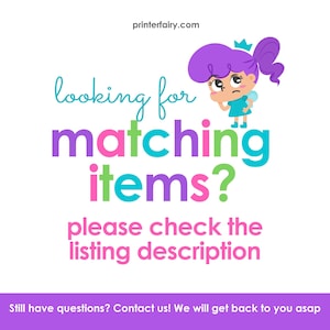 May include: White background with the text "looking for matching items?" in teal, purple, pink, and green. A cartoon fairy with purple hair and a blue dress is featured. The text "please check the listing description" is also included.